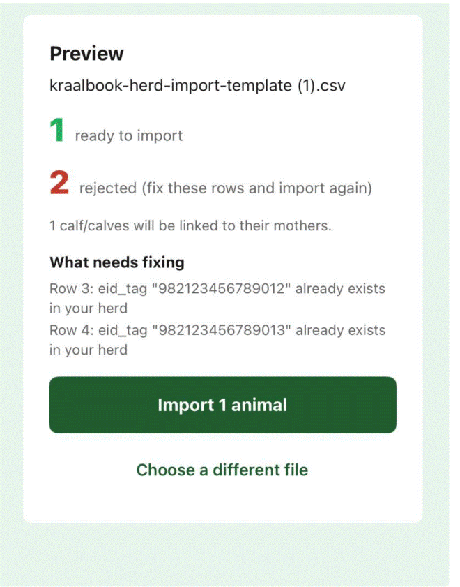 KraalBook app Import herd preview screen showing how many animals are ready, how many were rejected, and calves linked to their mothers