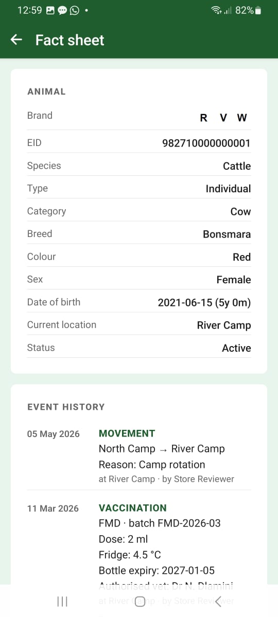 Animal fact sheet — details, brand, EID and full event history