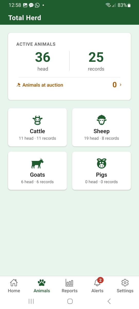 Herd dashboard with cattle, sheep, goats and pigs tiles