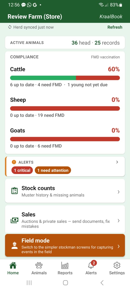 KraalBook home screen — active animals and FMD compliance by species