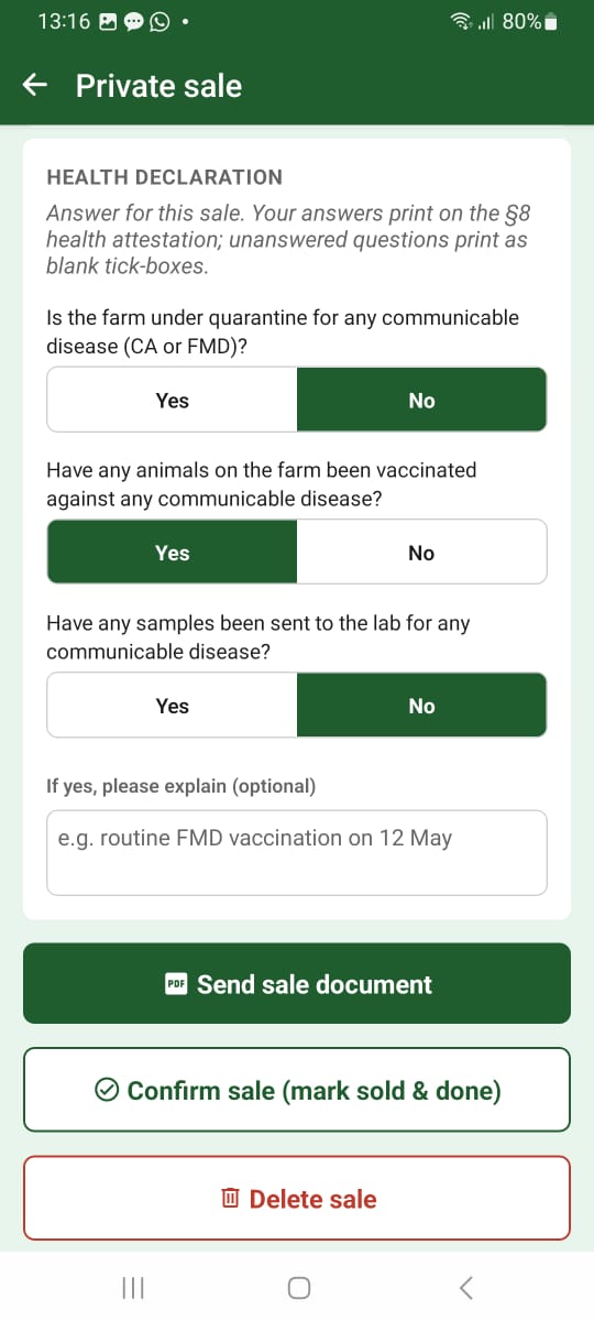 Private sale with §8 health declaration and send-document button